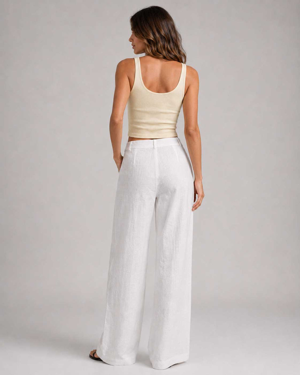 Layered Waist White Wide Leg Linen Pants Linen CIZARO - Cizaro Jeans