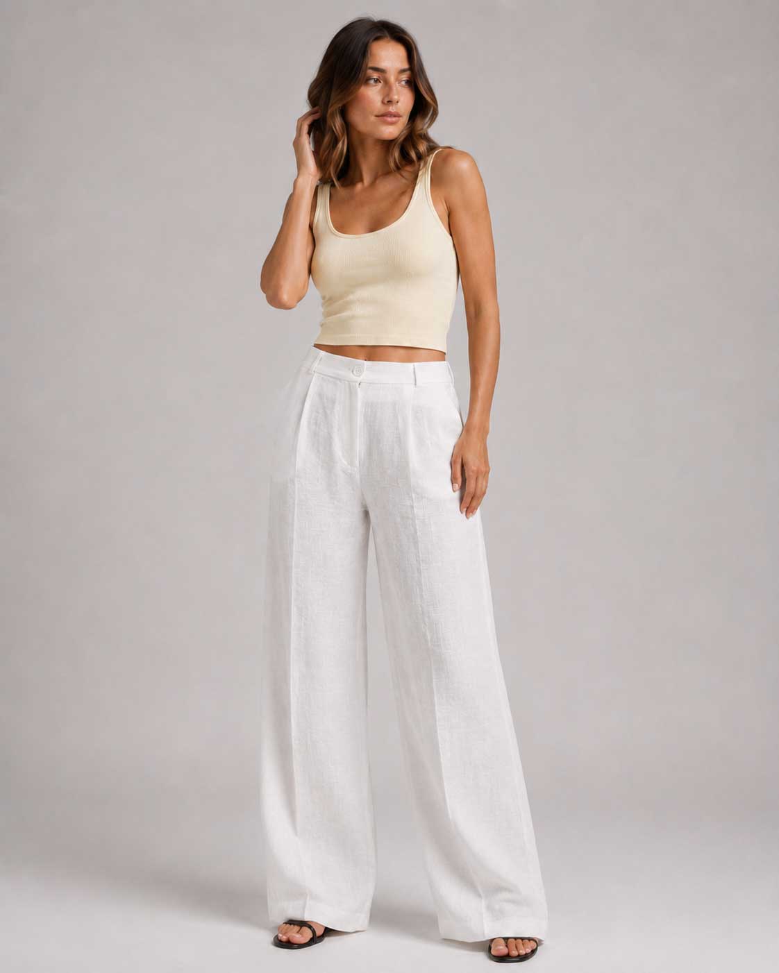 Layered Waist White Wide Leg Linen Pants Linen CIZARO - Cizaro Jeans