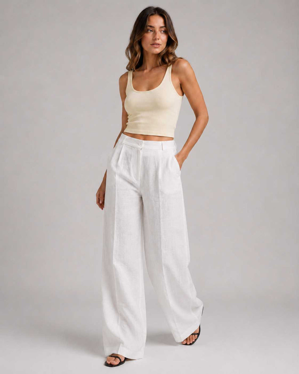 Layered Waist White Wide Leg Linen Pants Linen CIZARO - Cizaro Jeans