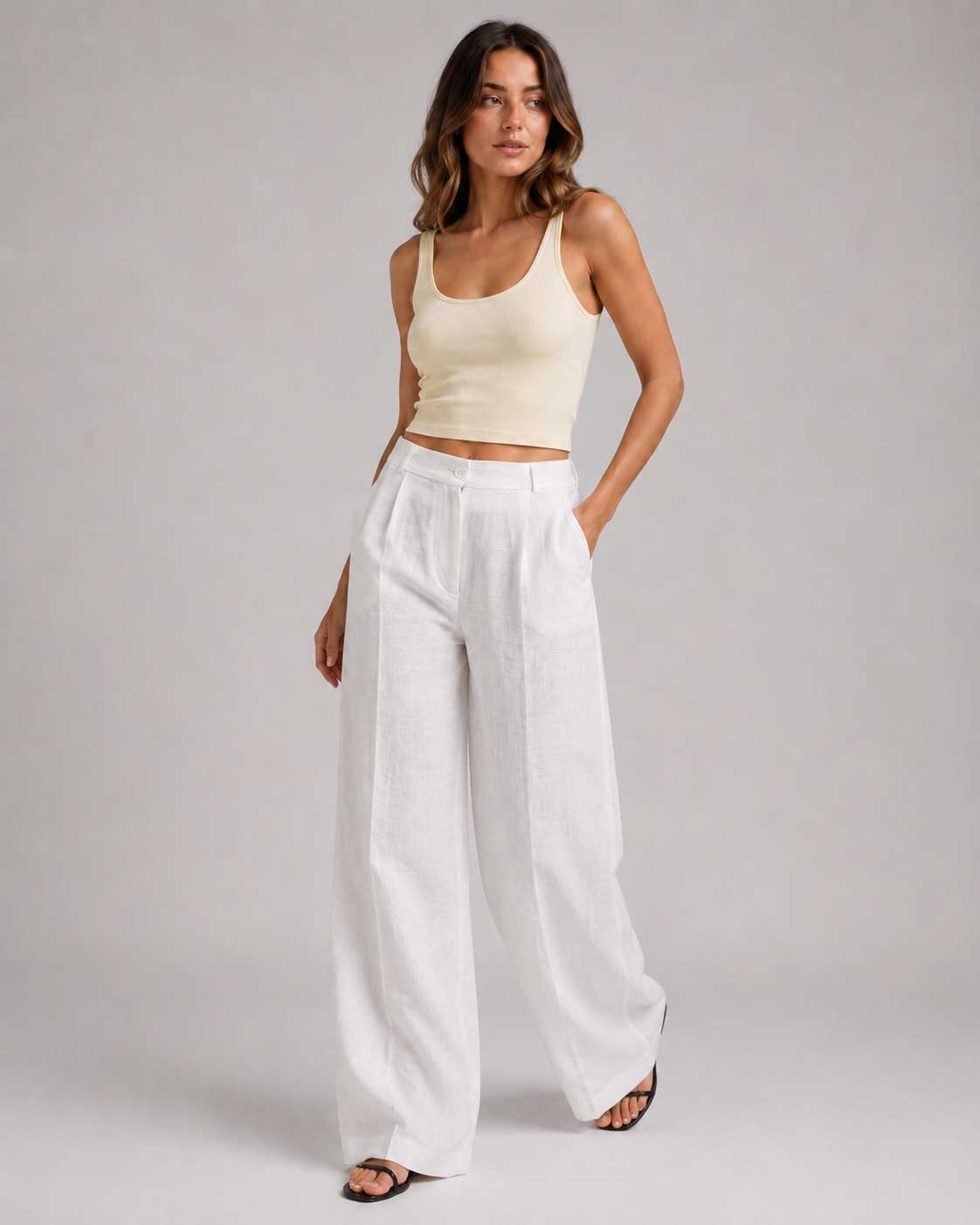 Layered Waist White Wide Leg Linen Pants Linen CIZARO - Cizaro Jeans