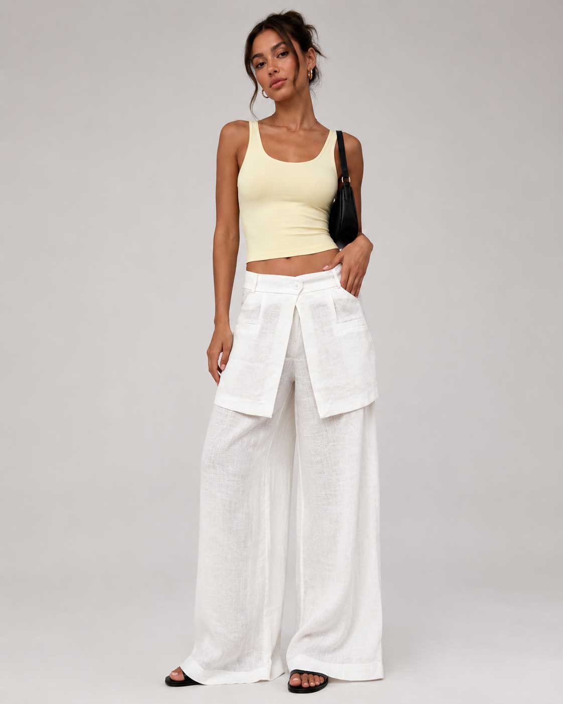 Layered Waist White Wide Leg Linen Pants Linen CIZARO - Cizaro Jeans