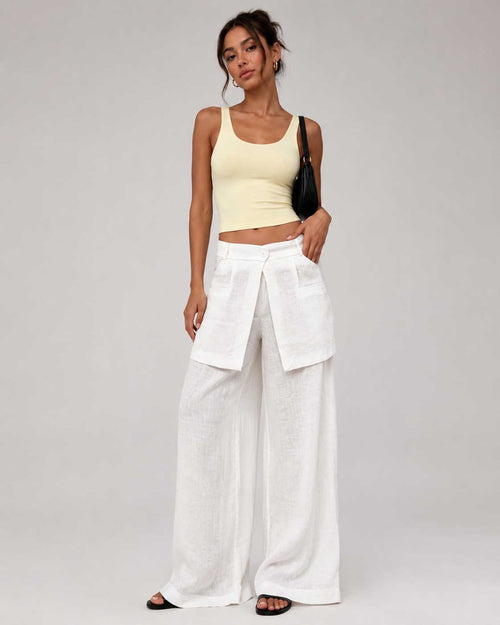 Layered Waist White Wide Leg Linen Pants