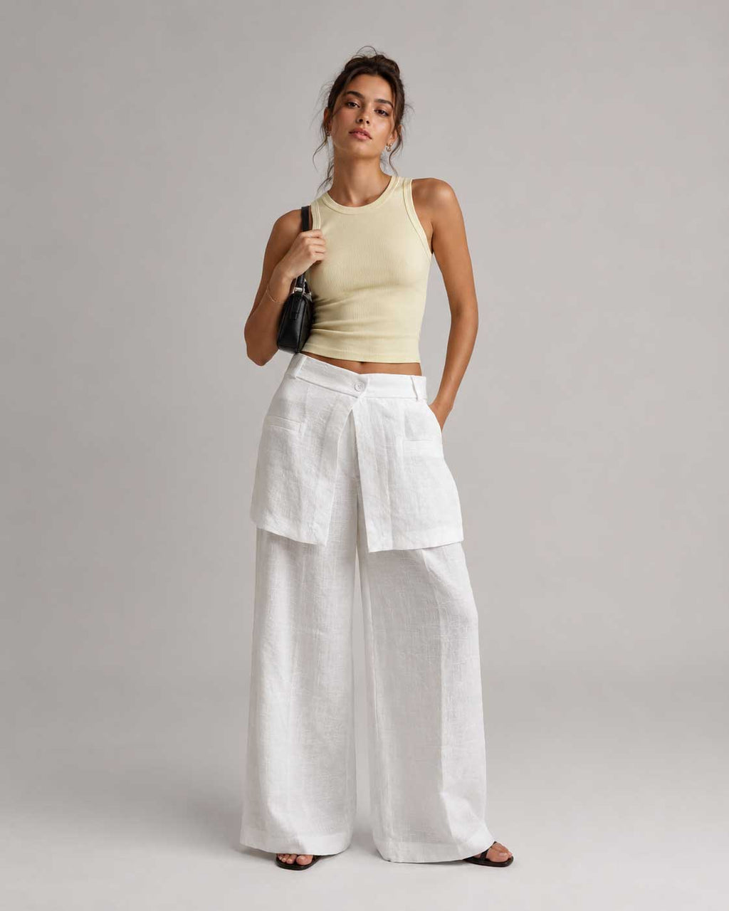Layered Waist White Wide Leg Linen Pants Linen CIZARO - Cizaro Jeans