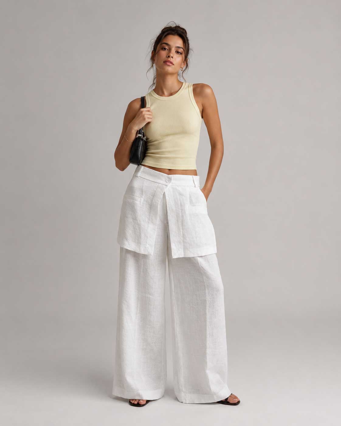 Layered Waist White Wide Leg Linen Pants Linen CIZARO - Cizaro Jeans