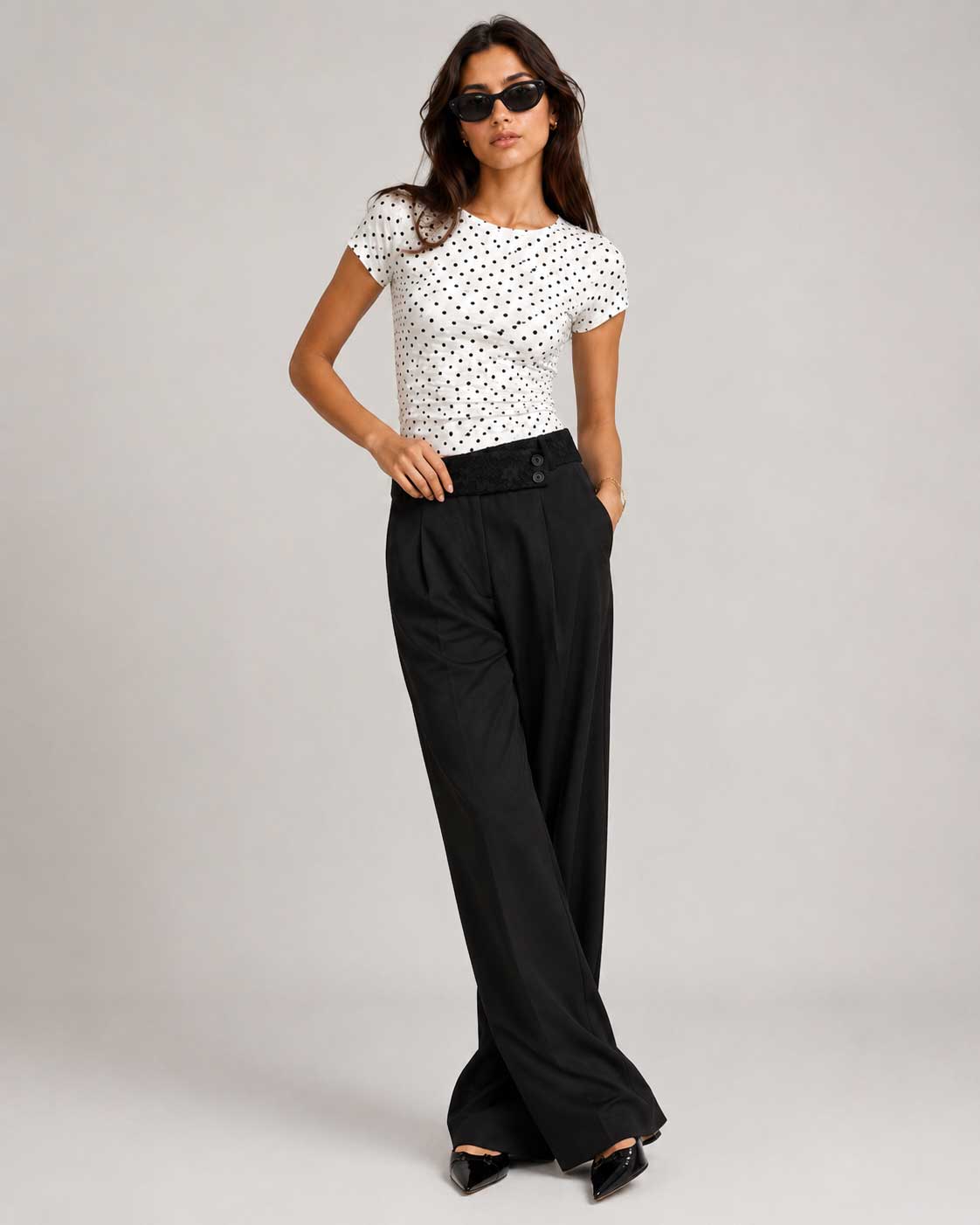 Lace Waist Black Wide Leg Pants Lace CIZARO - Cizaro Jeans