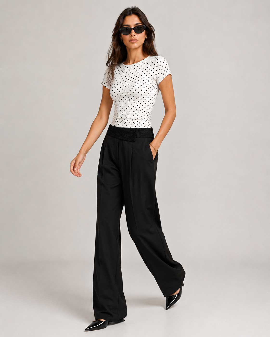 Lace Waist Black Wide Leg Pants Lace CIZARO - Cizaro Jeans