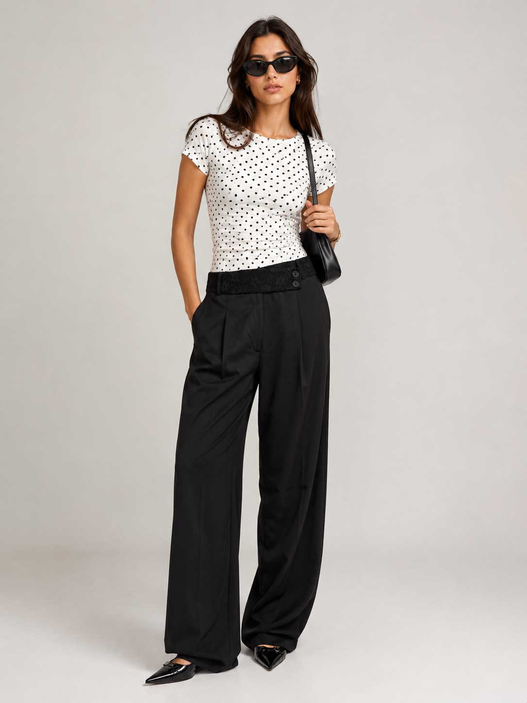 Lace Waist Black Wide Leg Pants Lace CIZARO - Cizaro Jeans