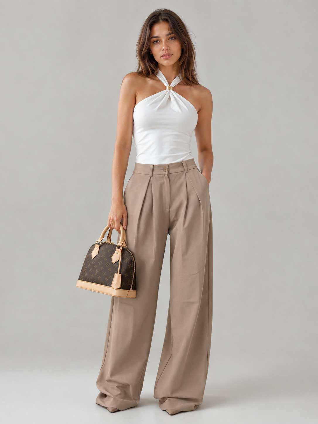 Pleated Wide-Leg Beige Trousers Wideleg CIZARO - Cizaro Jeans