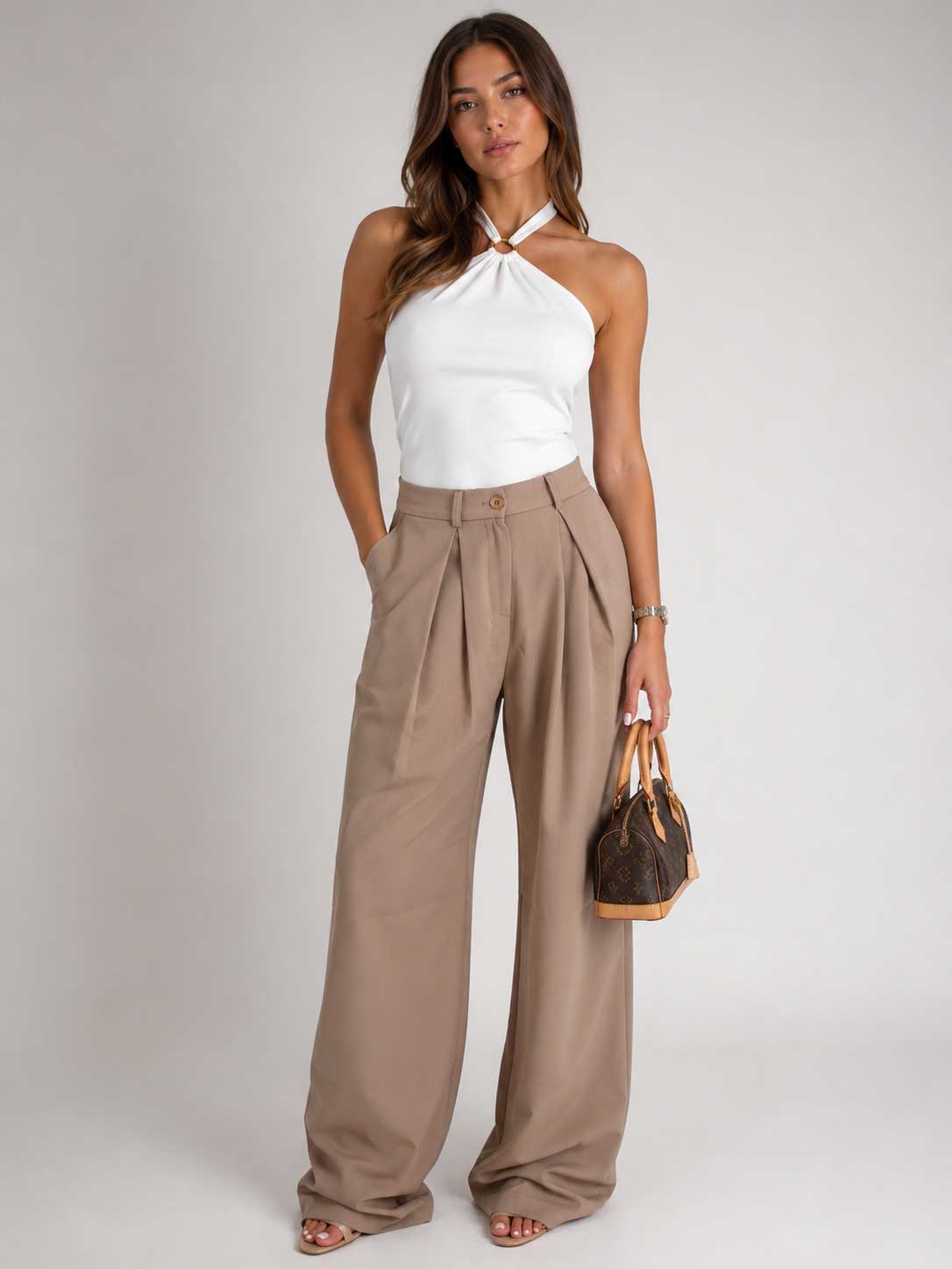 Pleated Wide-Leg Beige Trousers Wideleg CIZARO - Cizaro Jeans