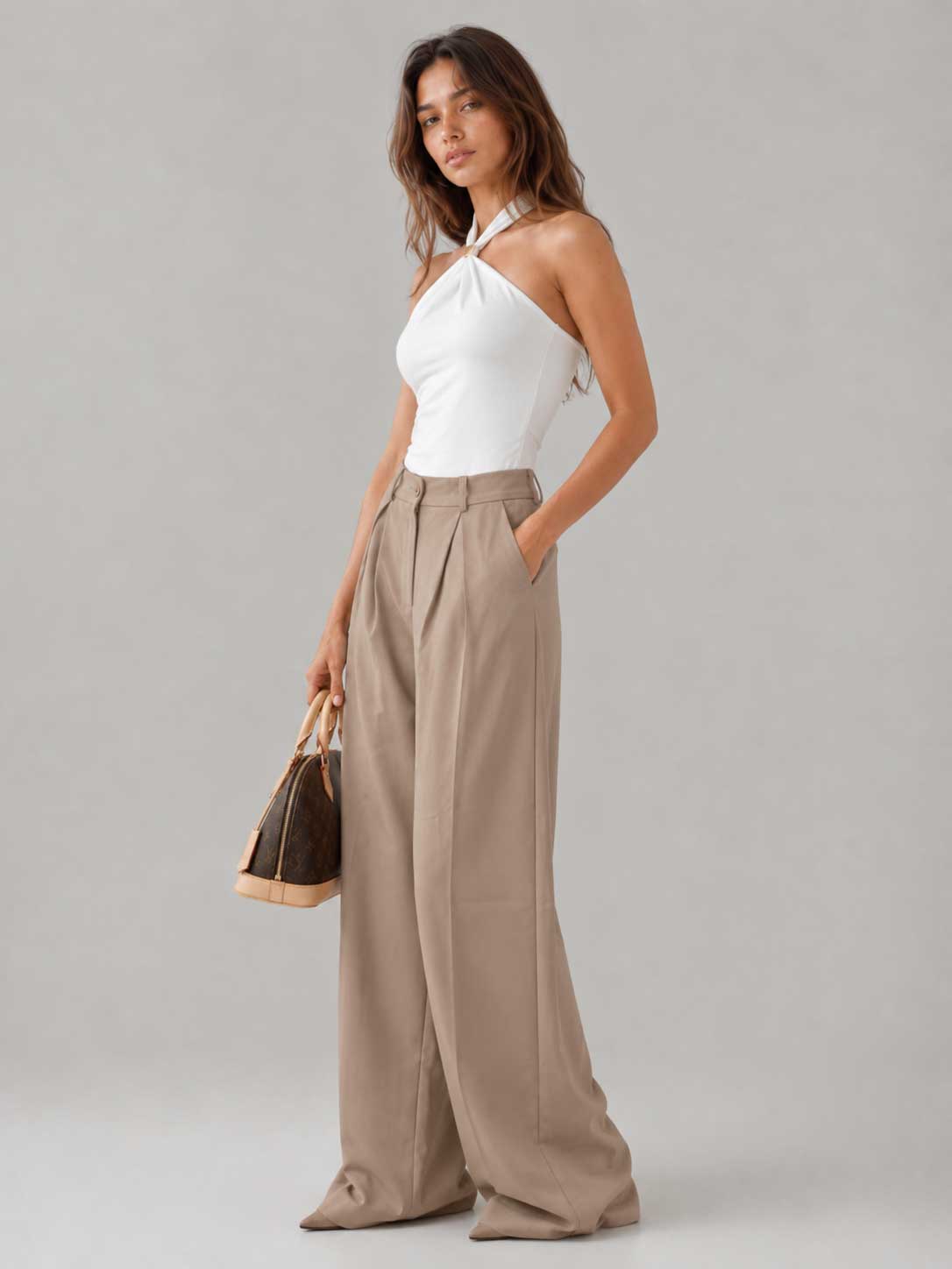 Pleated Wide-Leg Beige Trousers Wideleg CIZARO - Cizaro Jeans