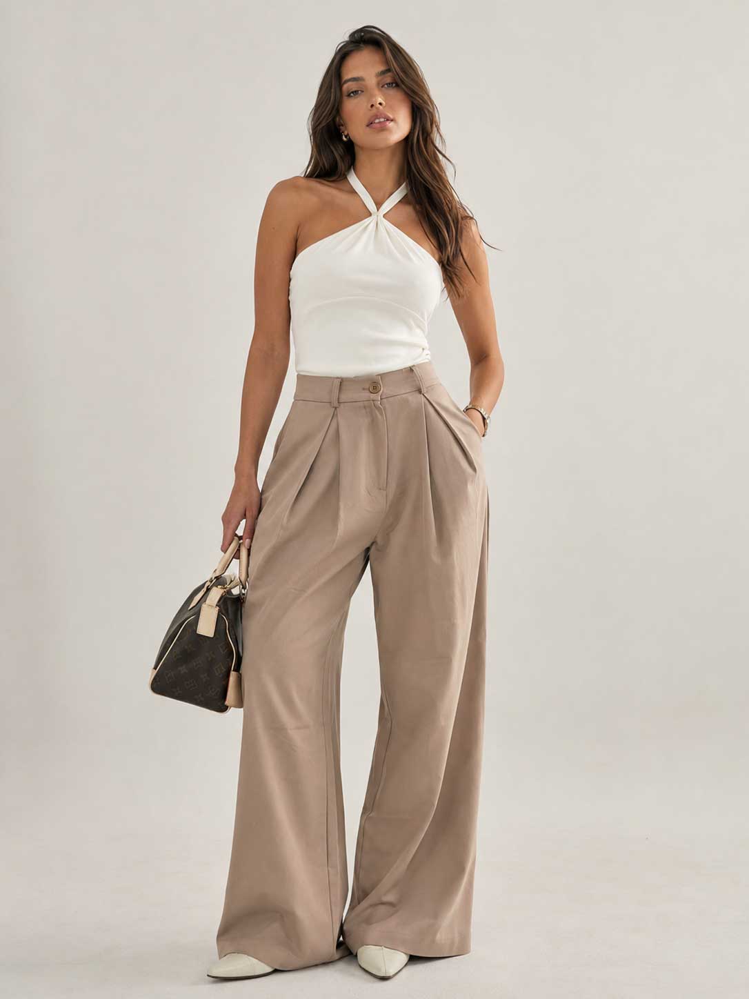 Pleated Wide-Leg Beige Trousers Wideleg CIZARO - Cizaro Jeans