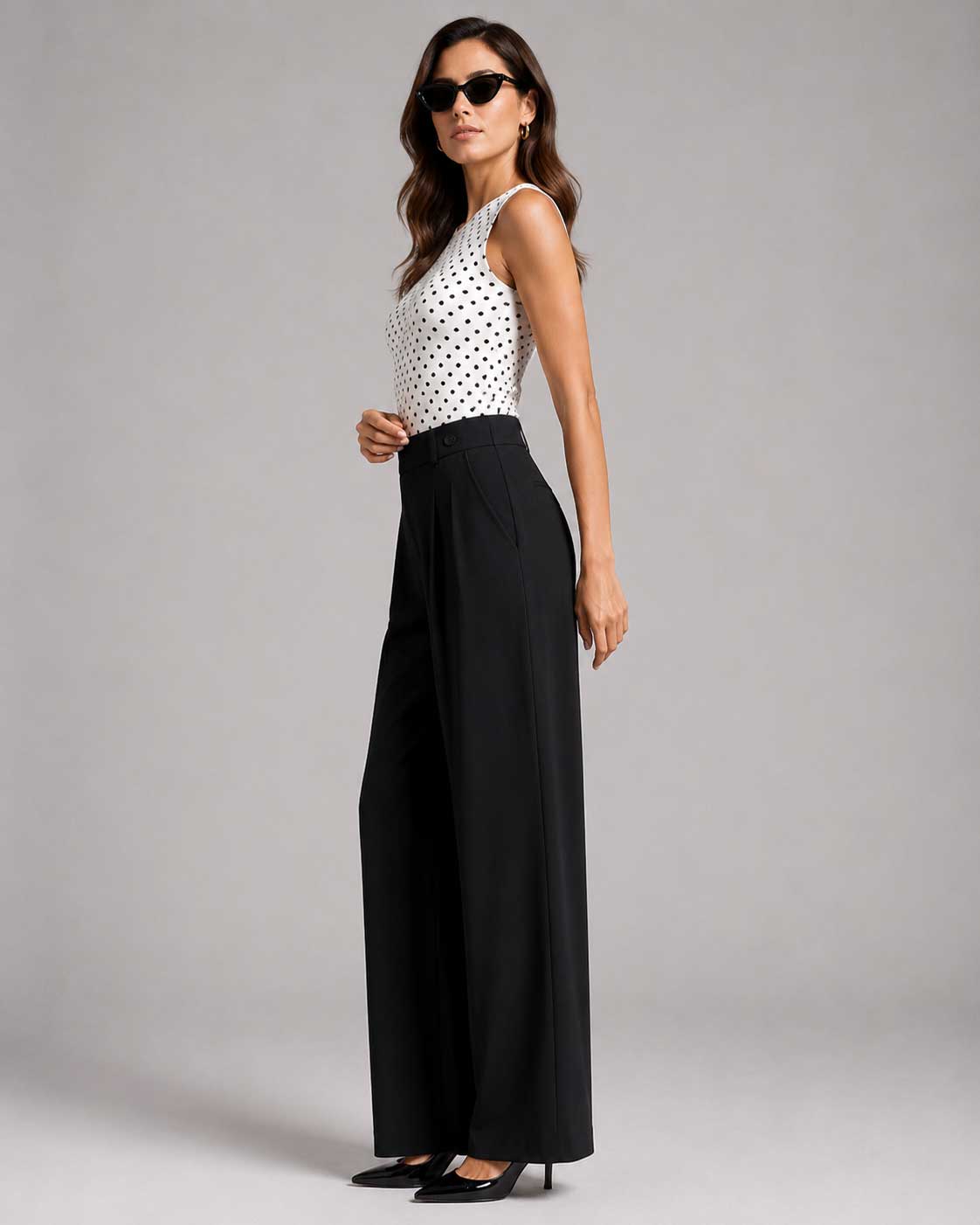 Linen Button-Tab Wide-Leg Trousers – Black Linen pants CIZARO - Cizaro Jeans