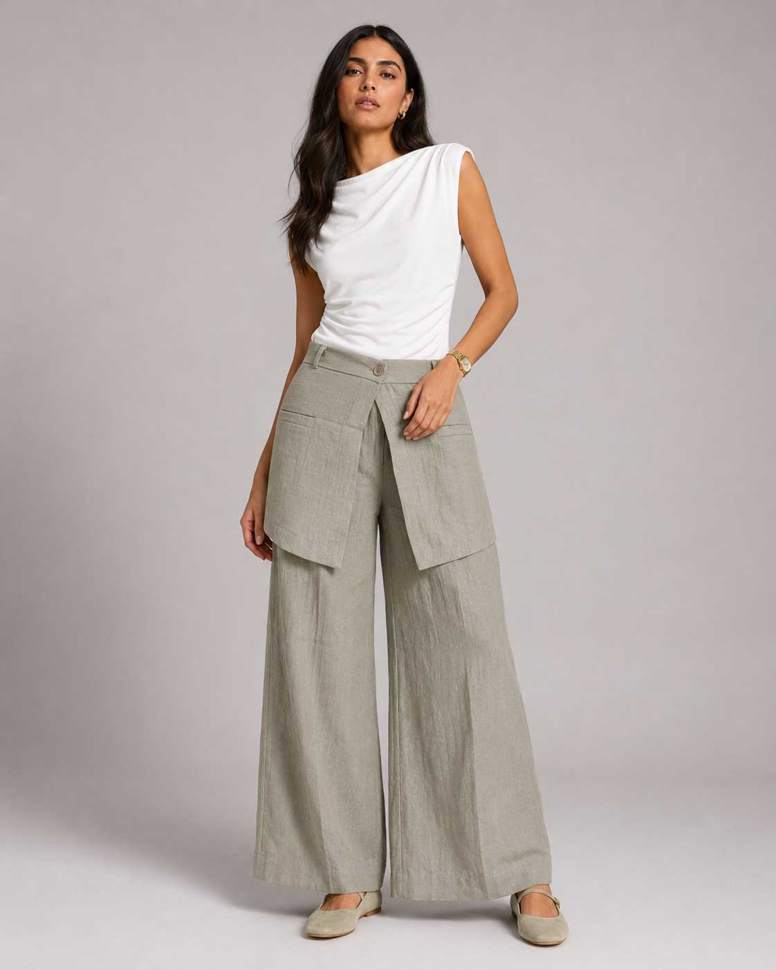 Sand olive Wide Linen Pants Linen CIZARO - Cizaro Jeans
