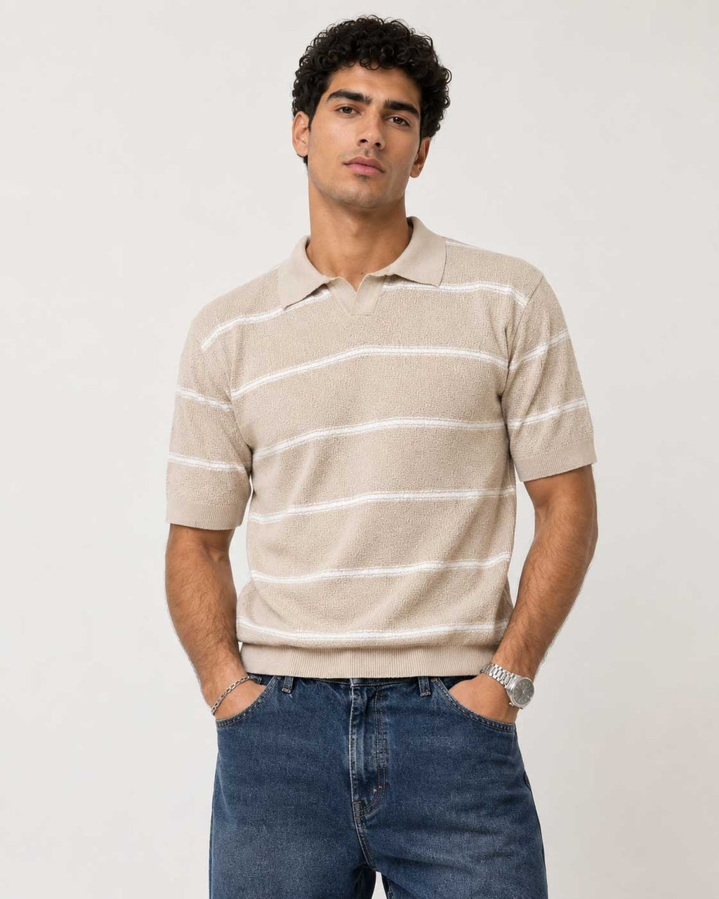 Fine-Knit Striped Polo Shirt – Soft Sand shirt CIZARO - Cizaro Jeans