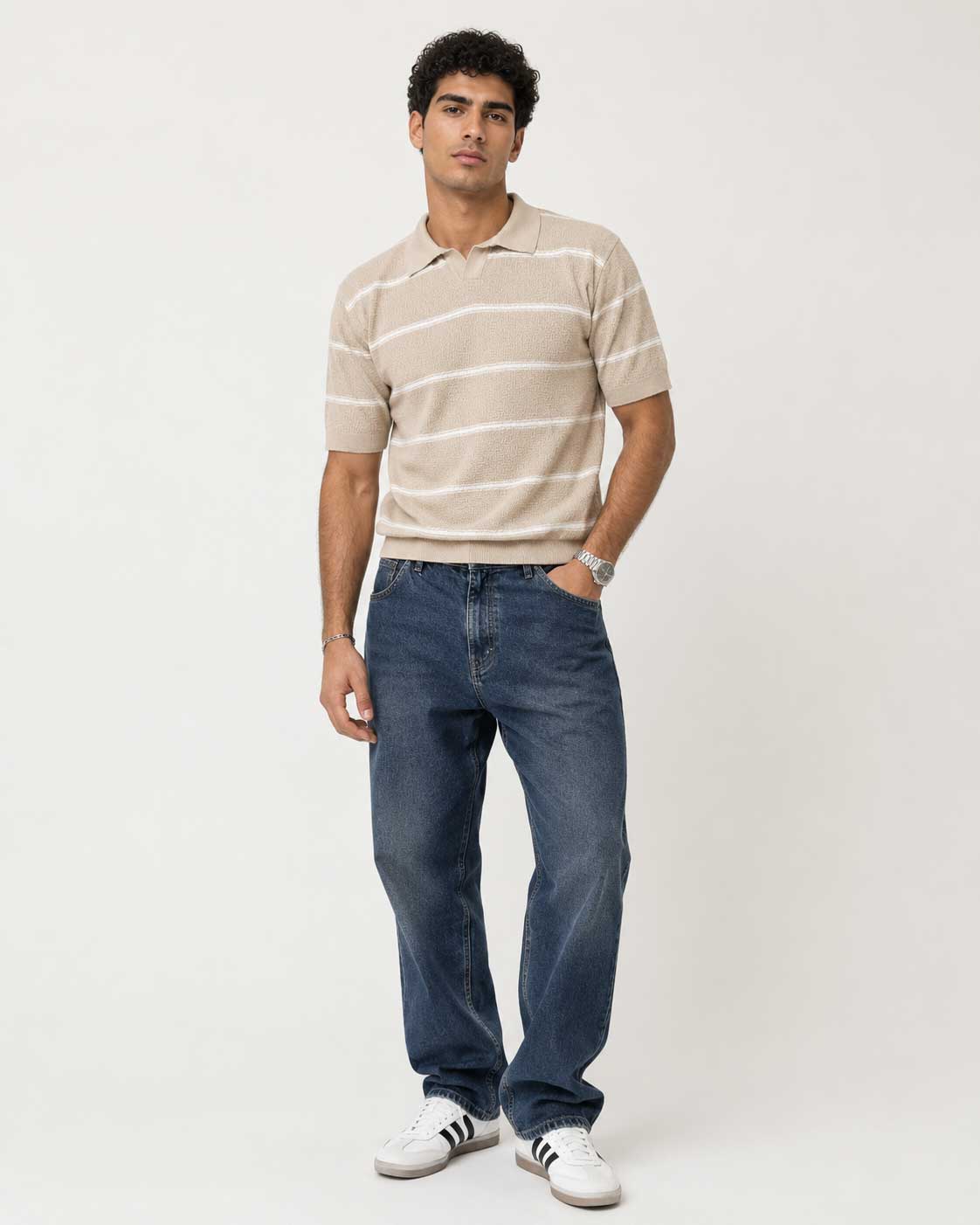 Fine-Knit Striped Polo Shirt – Soft Sand shirt CIZARO - Cizaro Jeans