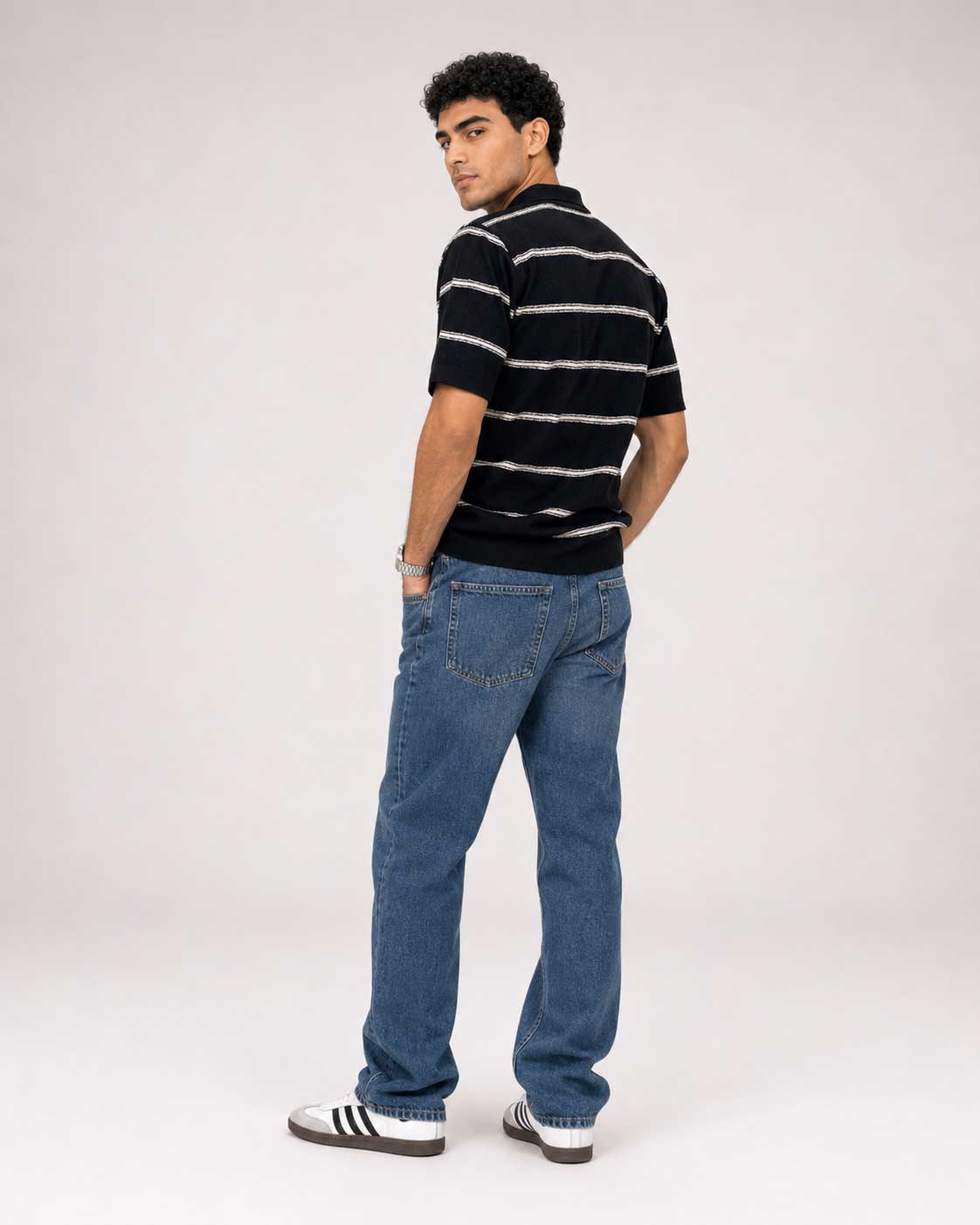 Fine-Knit Striped Polo Shirt – Black