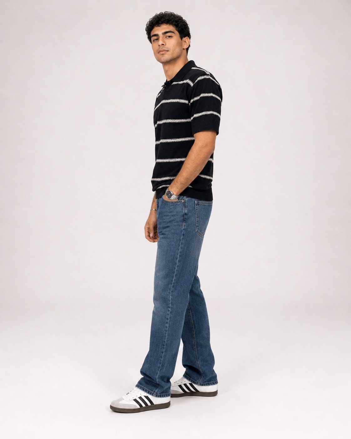 Fine-Knit Striped Polo Shirt – Black