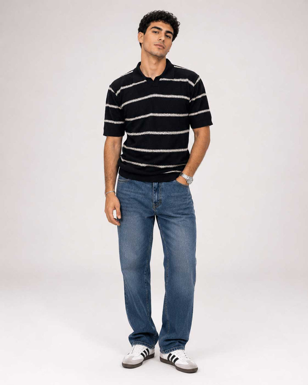 Fine-Knit Striped Polo Shirt – Black