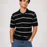 Fine-Knit Striped Polo Shirt – Black