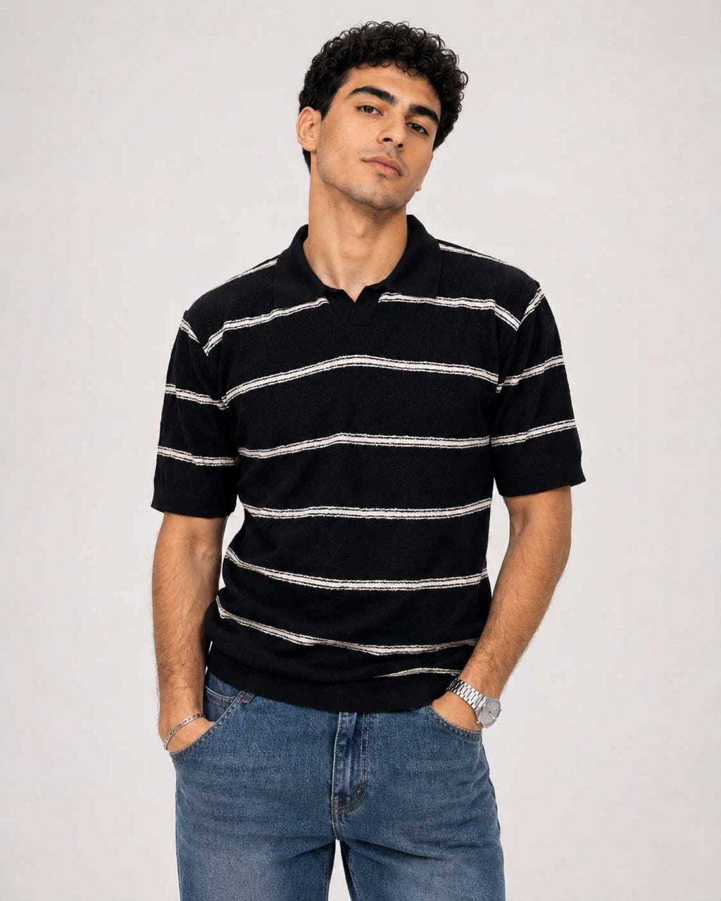 Fine-Knit Striped Polo Shirt – Black
