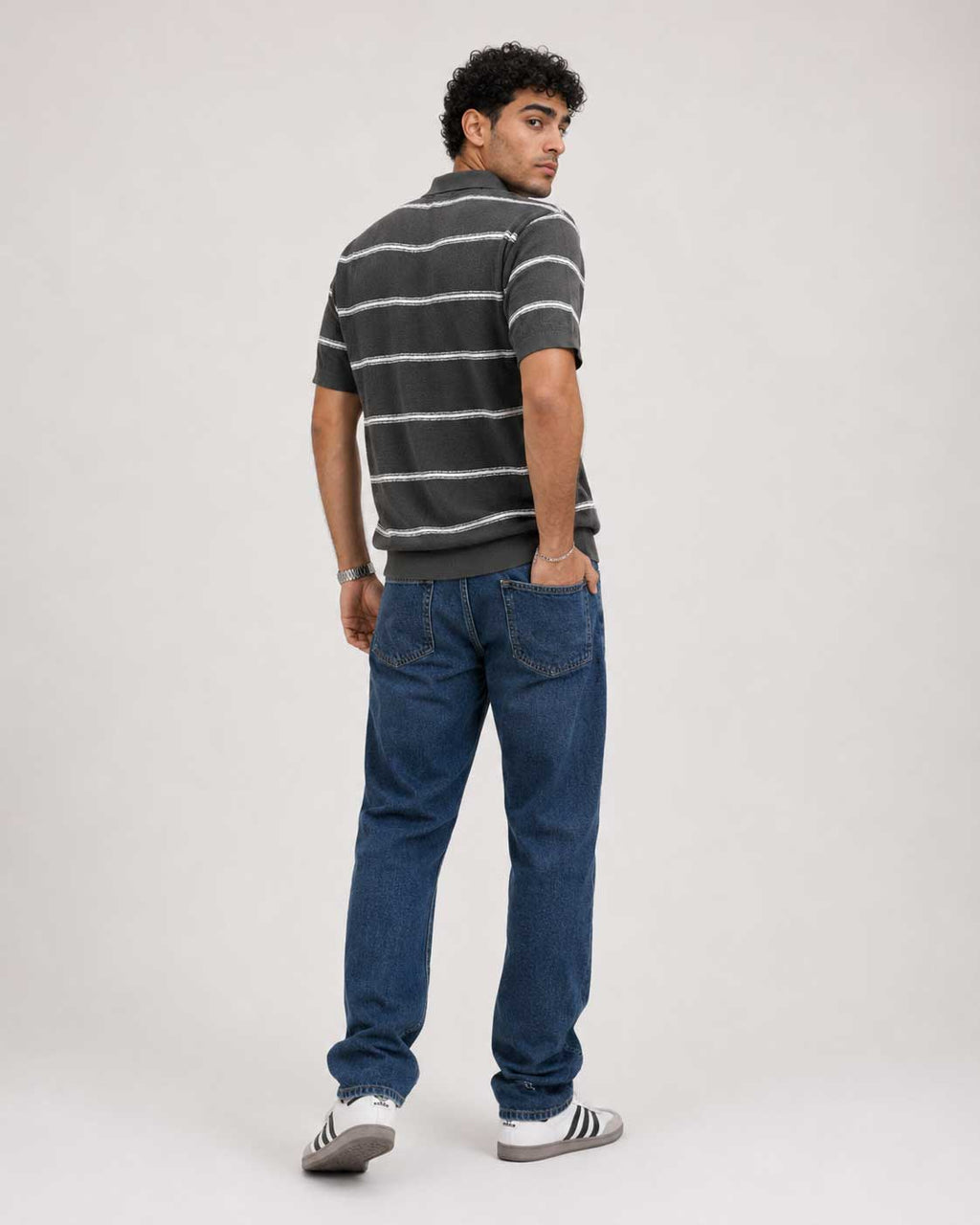 Fine-Knit Striped Polo Shirt – Grey