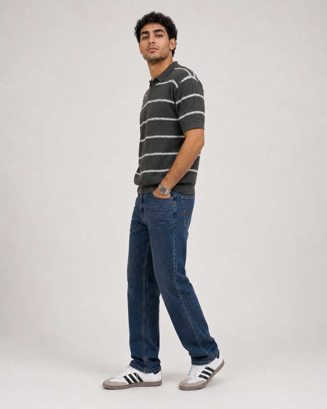 Fine-Knit Striped Polo Shirt – Grey