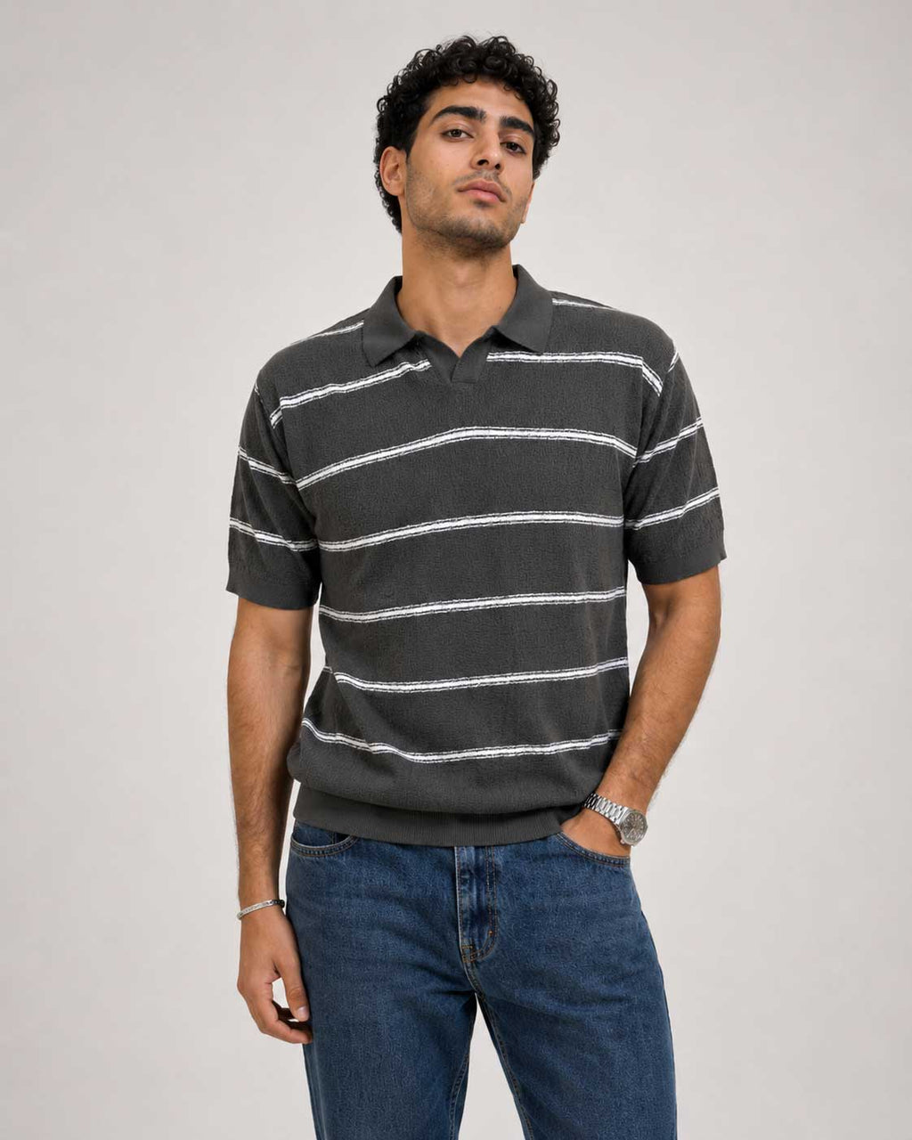 Fine-Knit Striped Polo Shirt – Grey
