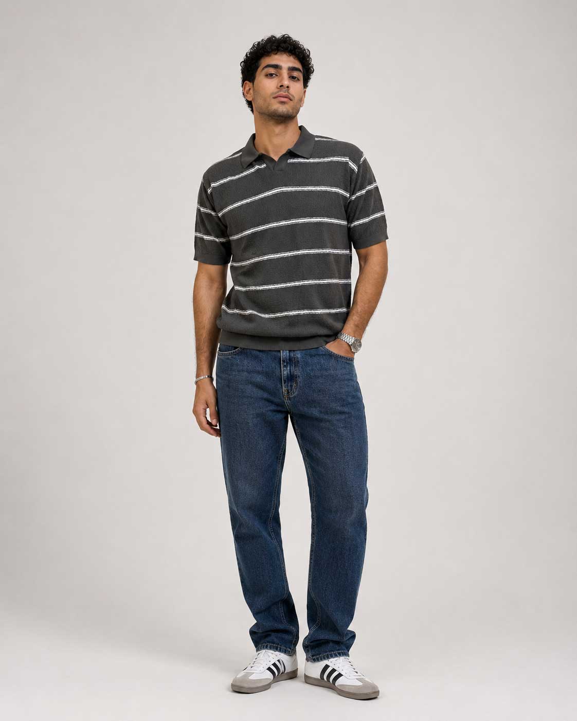 Fine-Knit Striped Polo Shirt – Grey