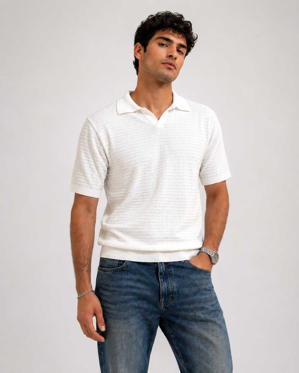 Textured Polo Shirt – White shirt CIZARO - Cizaro Jeans