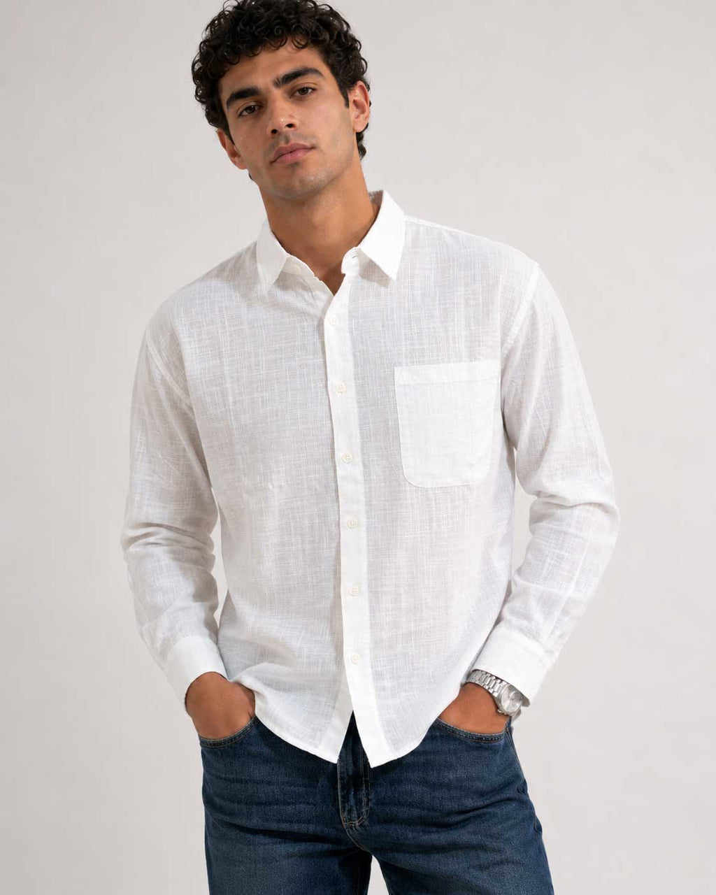 Regular Fit Linen-Blend Shirt – White Linen shirt CIZARO - Cizaro Jeans