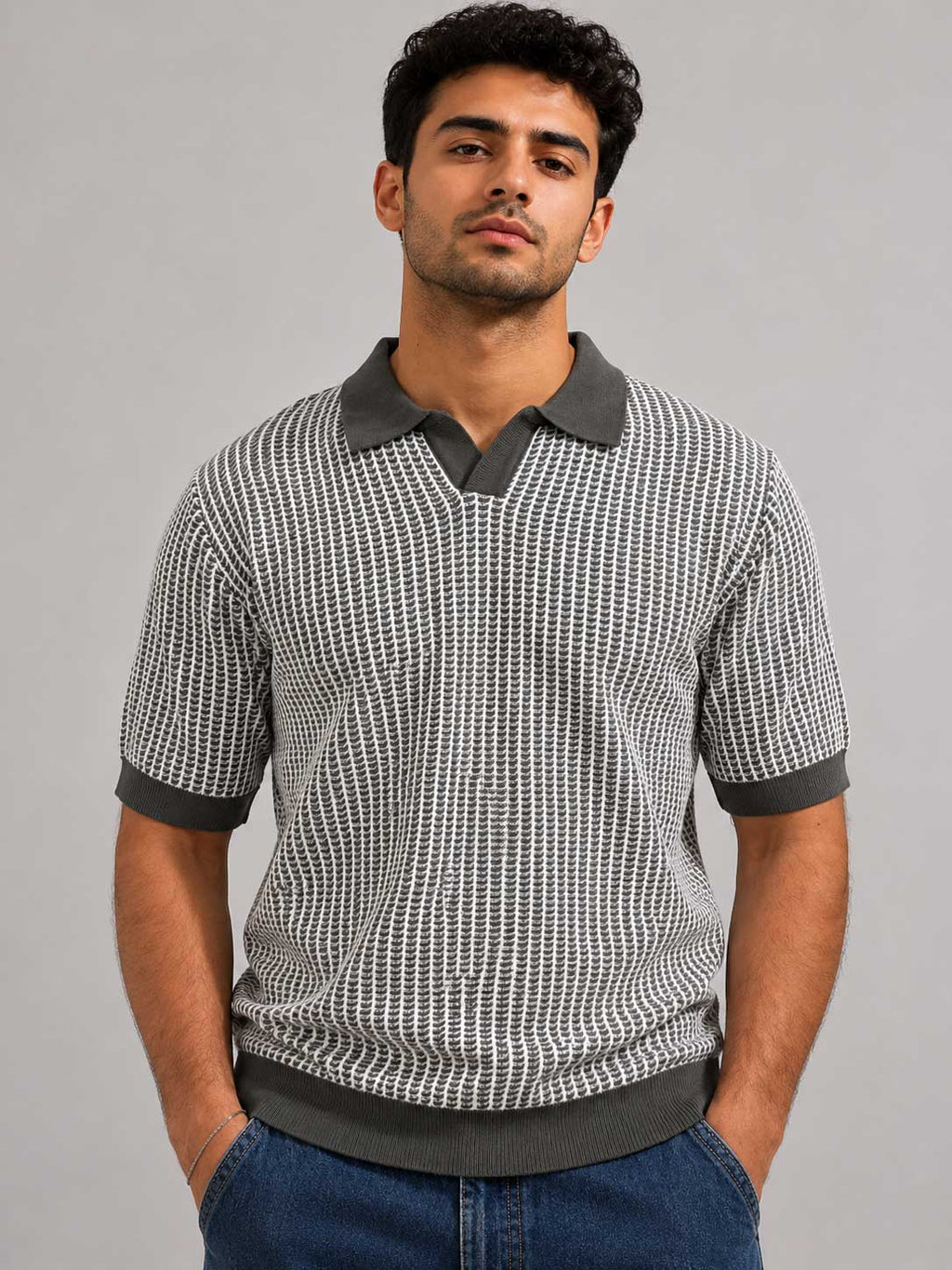Textured Jacquard Knit Polo – Gray Shirt CIZARO - Cizaro Jeans