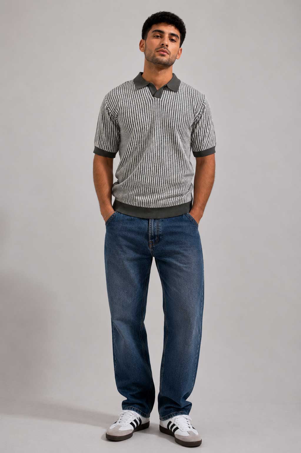 Textured Jacquard Knit Polo – Gray Shirt CIZARO - Cizaro Jeans