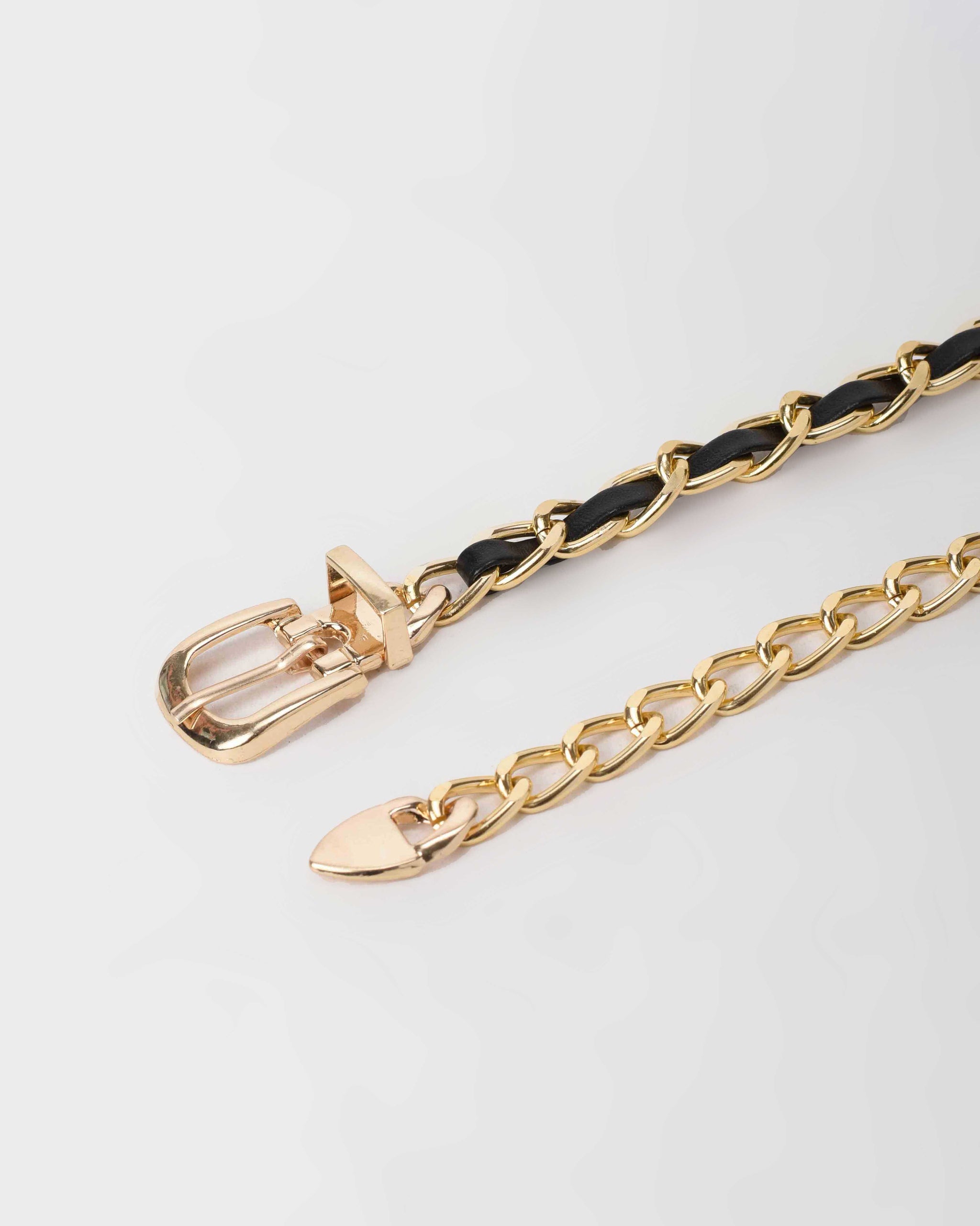 Gold Chain Belt with Black Faux Leather Weave Chain Belt CZBELT - Cizaro Jeans