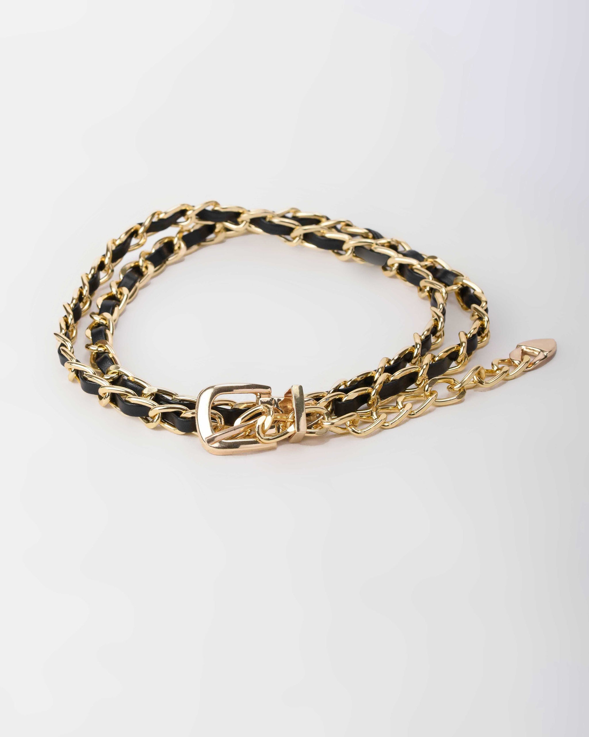 Gold Chain Belt with Black Faux Leather Weave Chain Belt CZBELT - Cizaro Jeans