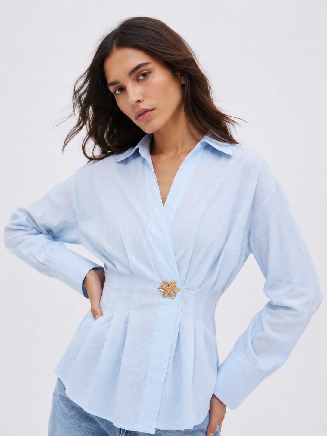 Pleated Waist Linen Blouse – Pastel Blue