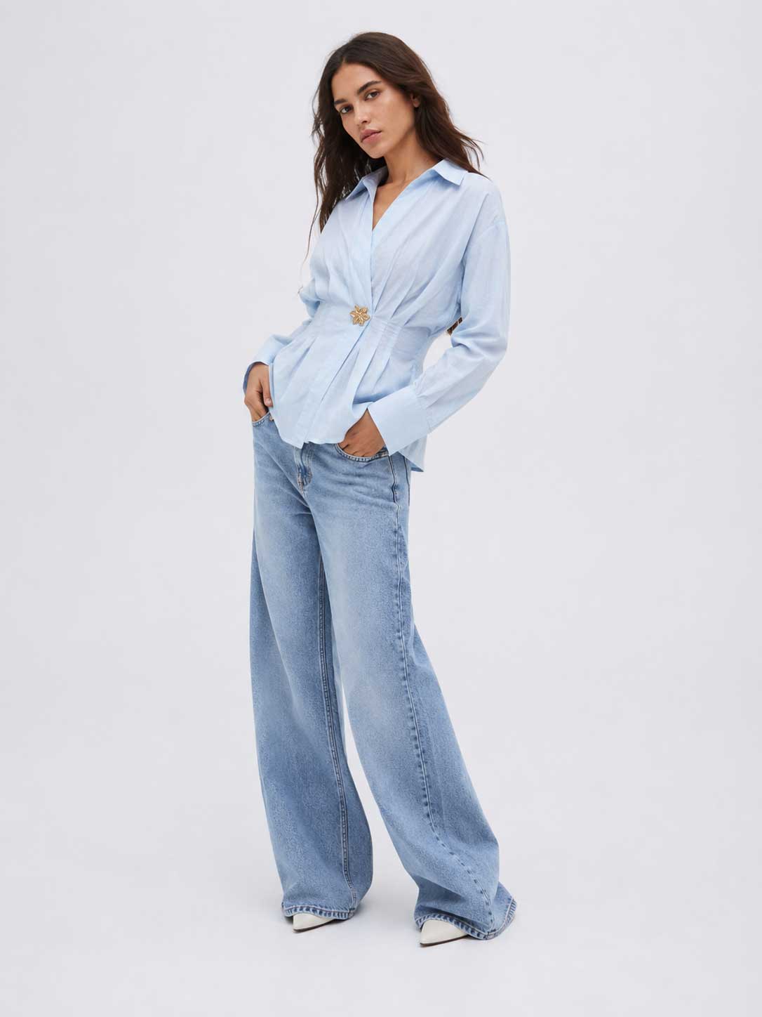 Pleated Waist Linen Blouse – Pastel Blue
