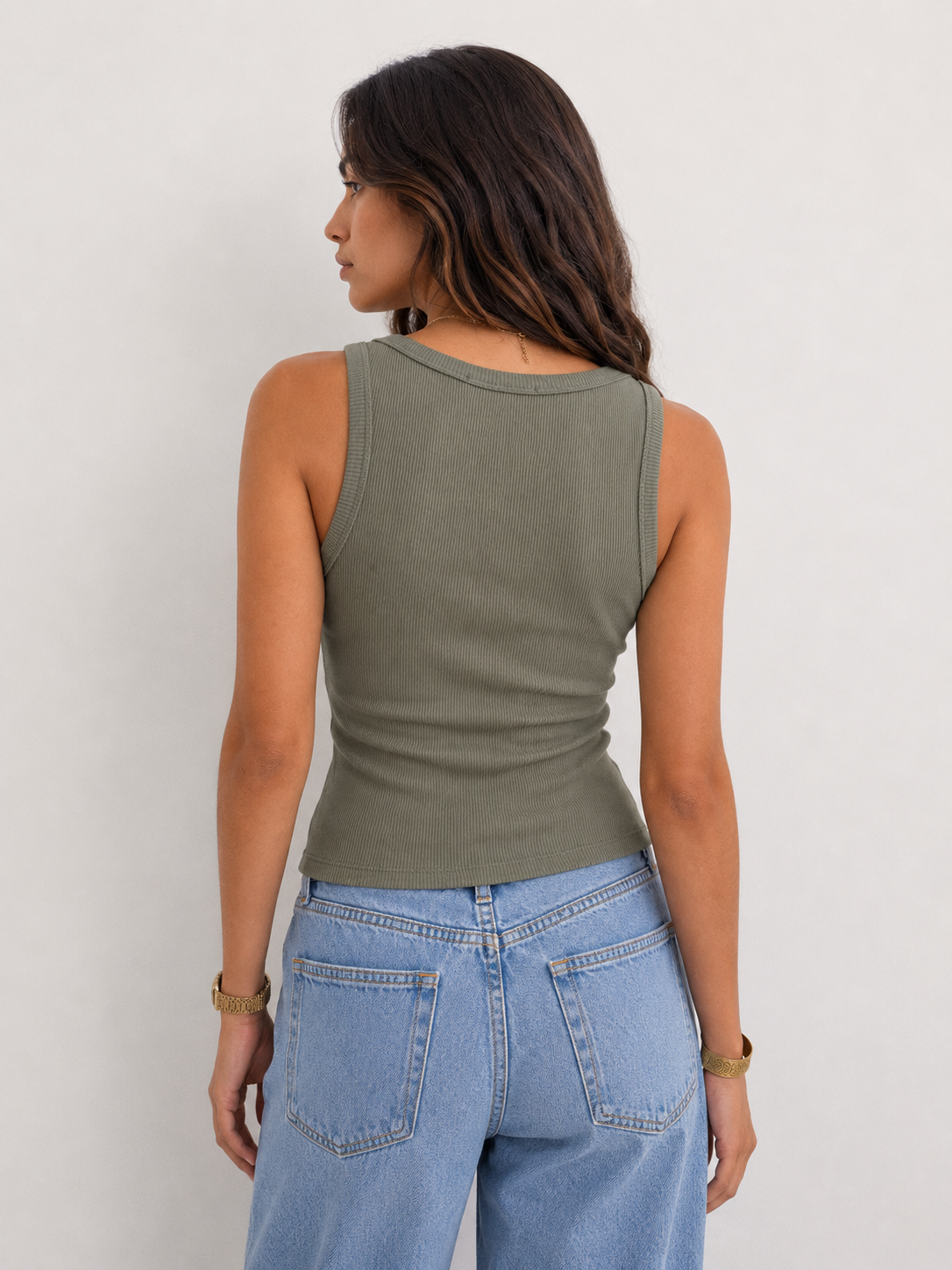 Ribbed U-Neck Tank Top – Olive Top CIZARO - Cizaro Jeans