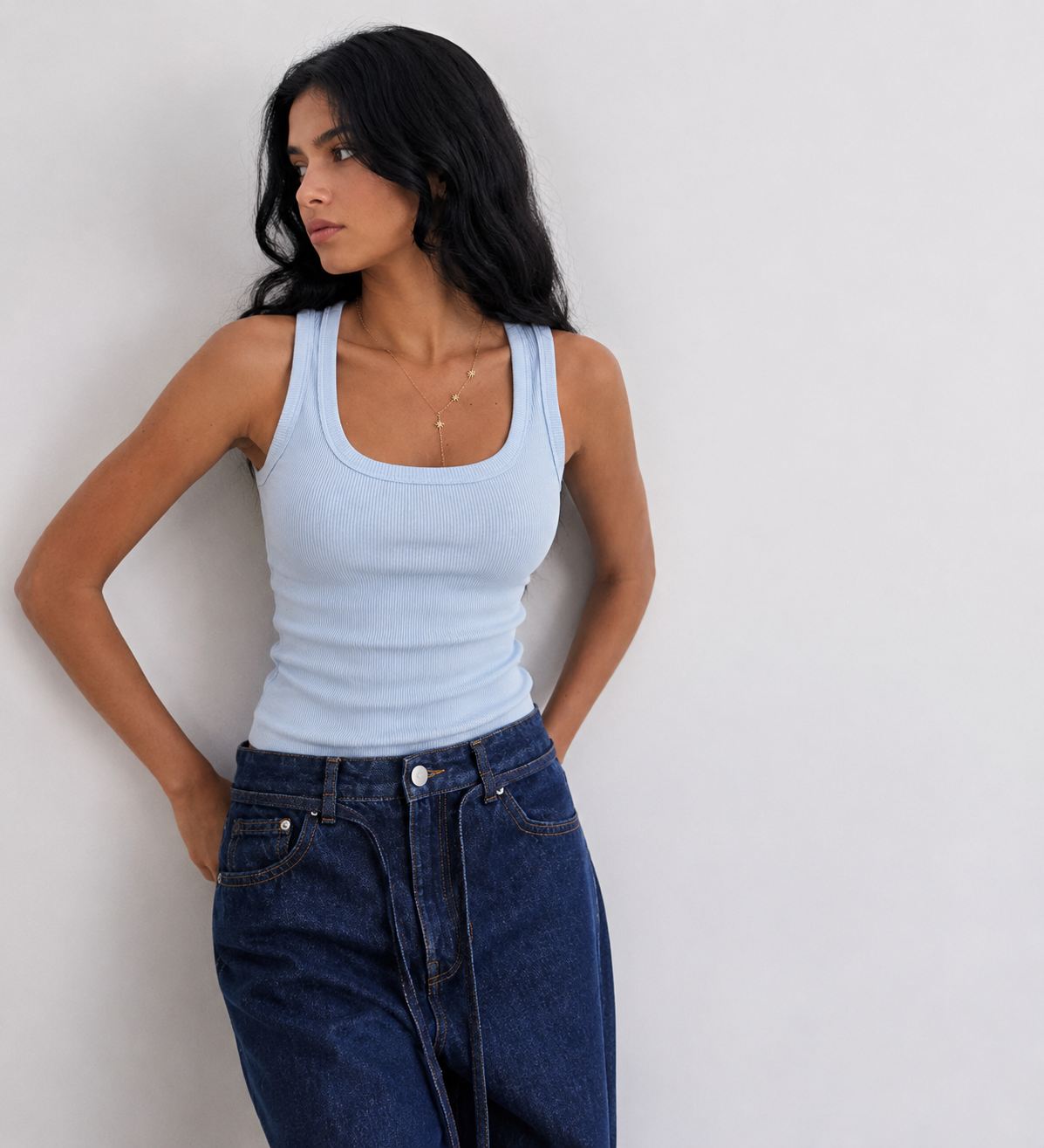 Ribbed U-Neck Tank Top – Pastel Blue Top CIZARO - Cizaro Jeans