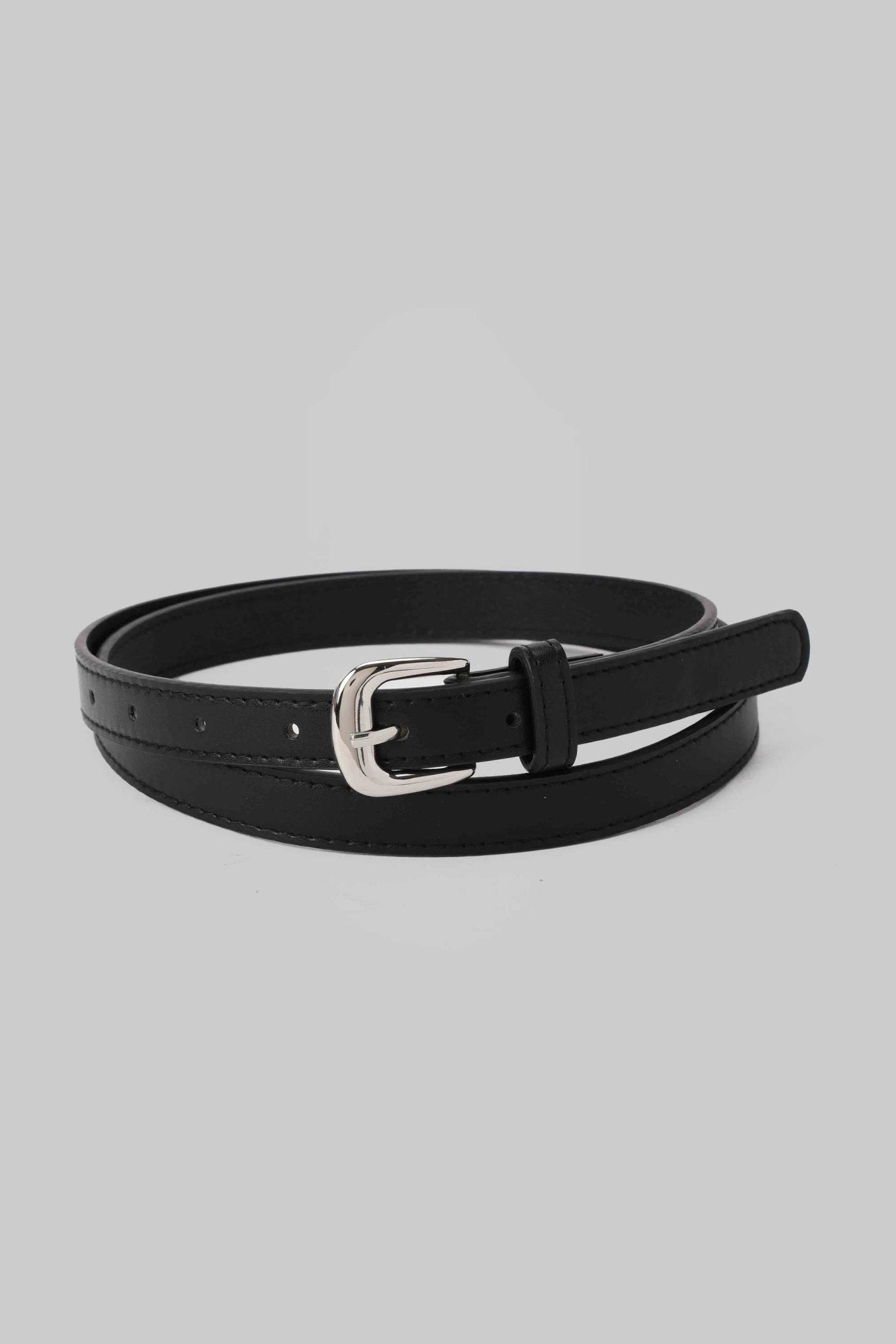 Belt | Slim Black Faux Leather Belt with Polished Silver Buckle Belt - Acc CZBELT - Cizaro Jeans