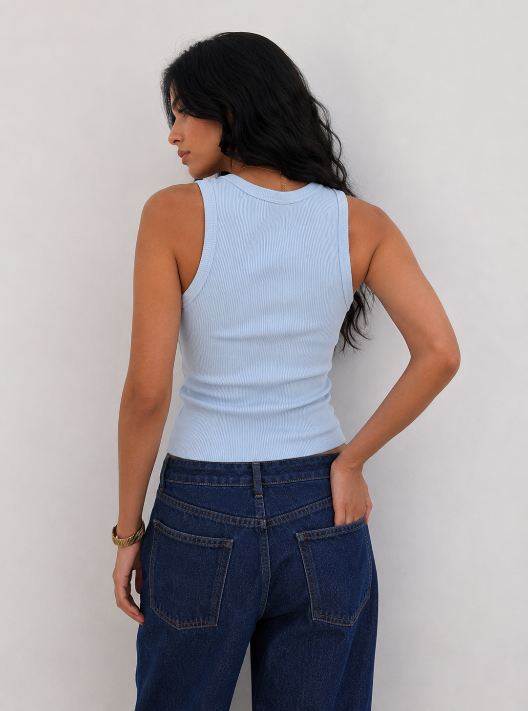 Ribbed U-Neck Tank Top – Pastel Blue