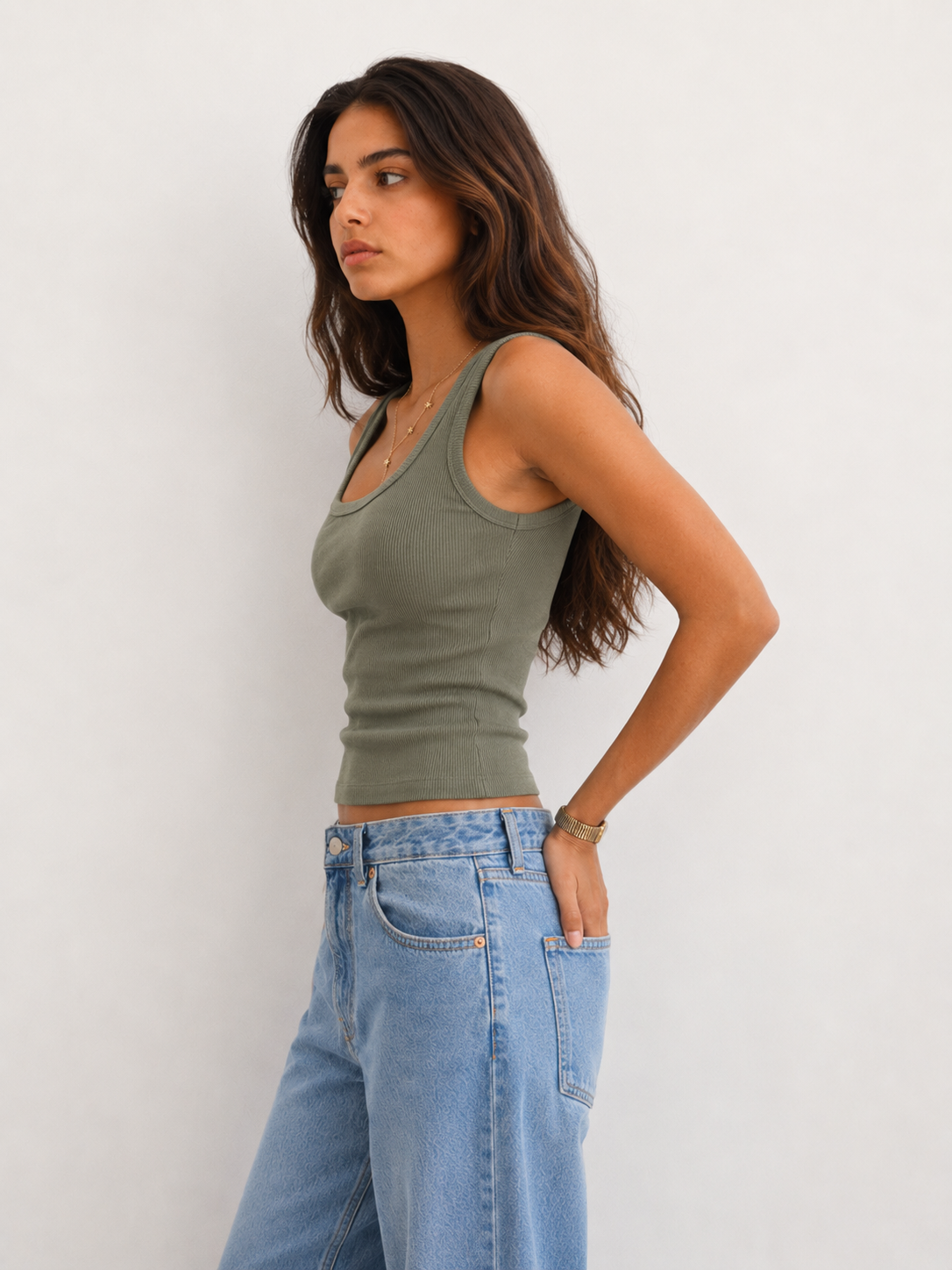 Ribbed U-Neck Tank Top – Olive Top CIZARO - Cizaro Jeans