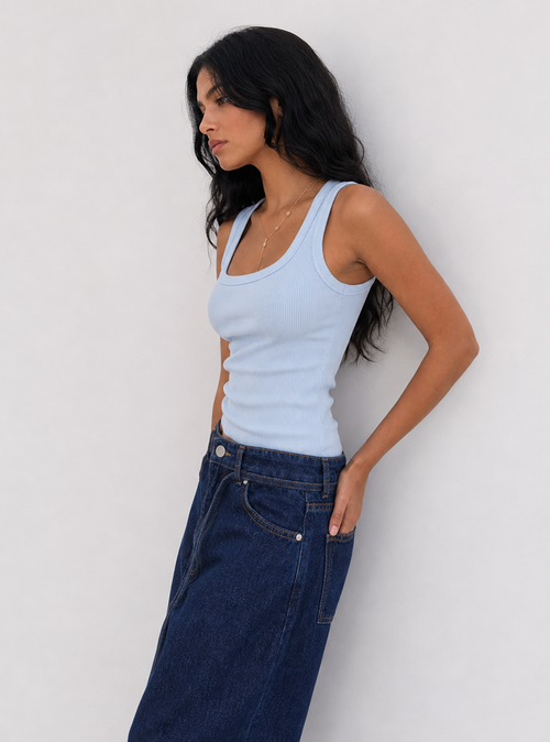 Ribbed U-Neck Tank Top – Pastel Blue