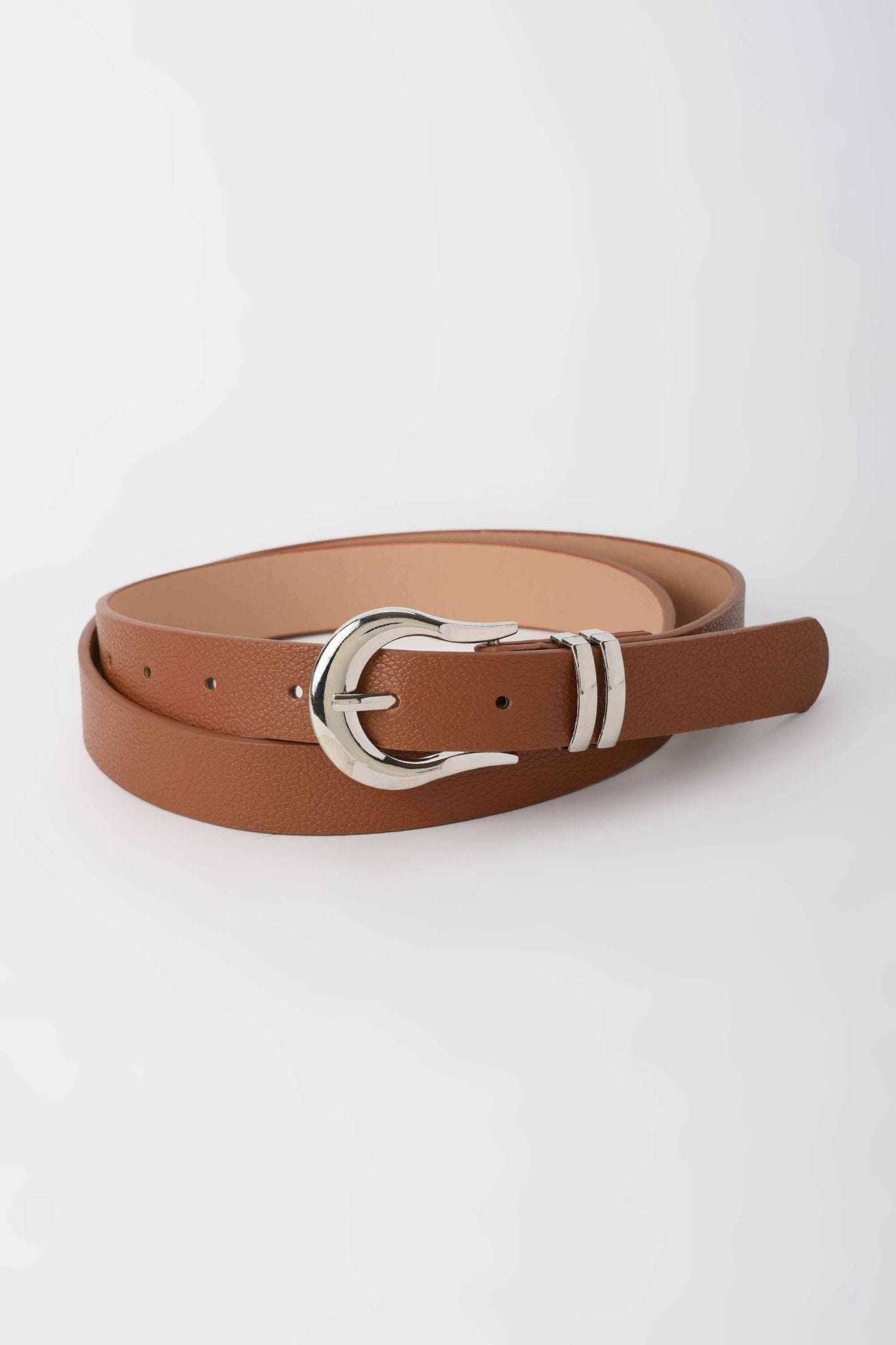Belt | Tan Faux Leather Belt with Western Silver Buckle Belt - Acc CZBELT - Cizaro Jeans