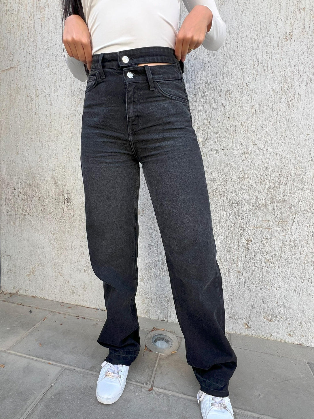 Charcoal Black Double Waisted Straight Leg Jeans. Straight Leg CIZARO    - Cizaro Jeans