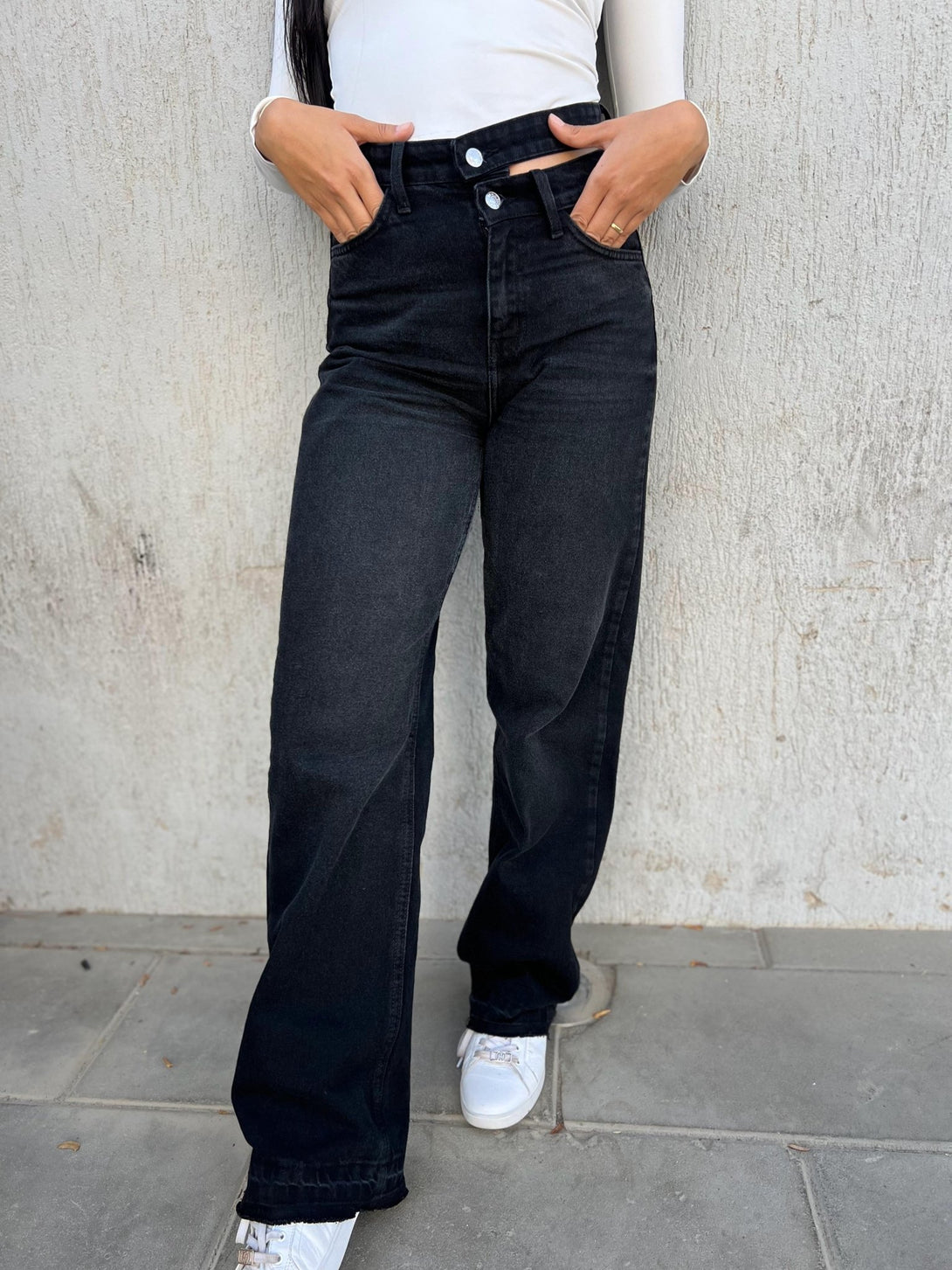 Charcoal Black Double Waisted Straight Leg Jeans. Straight Leg CIZARO    - Cizaro Jeans