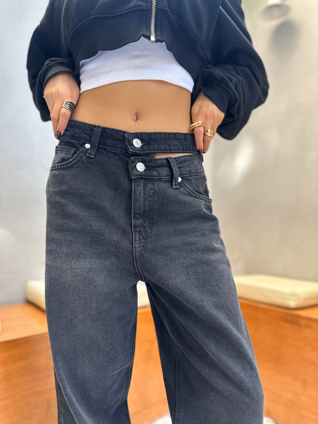 (Pre-Order) Charcoal Black Double Waisted Straight Leg Jeans. Straight Leg CIZARO    - Cizaro Jeans