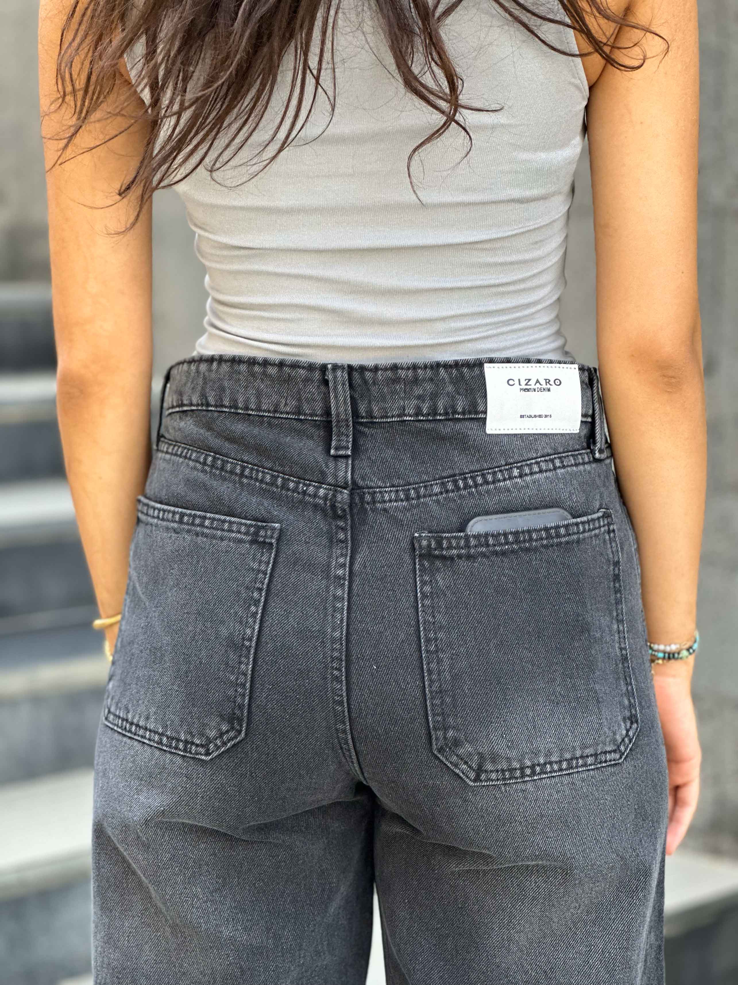 High-waisted full length dark gray cargo jeans Cargo CIZARO    - Cizaro Jeans