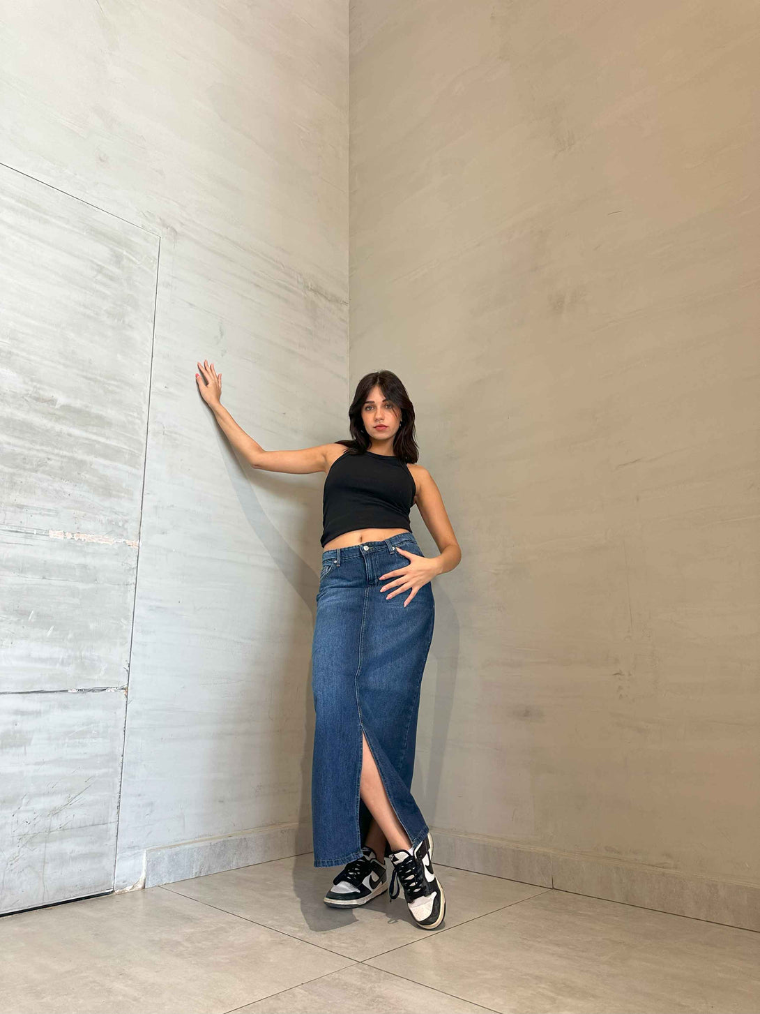 Maxi Skirt - Dark Blue Split Hem. Skirts CIZARO    - Cizaro Jeans