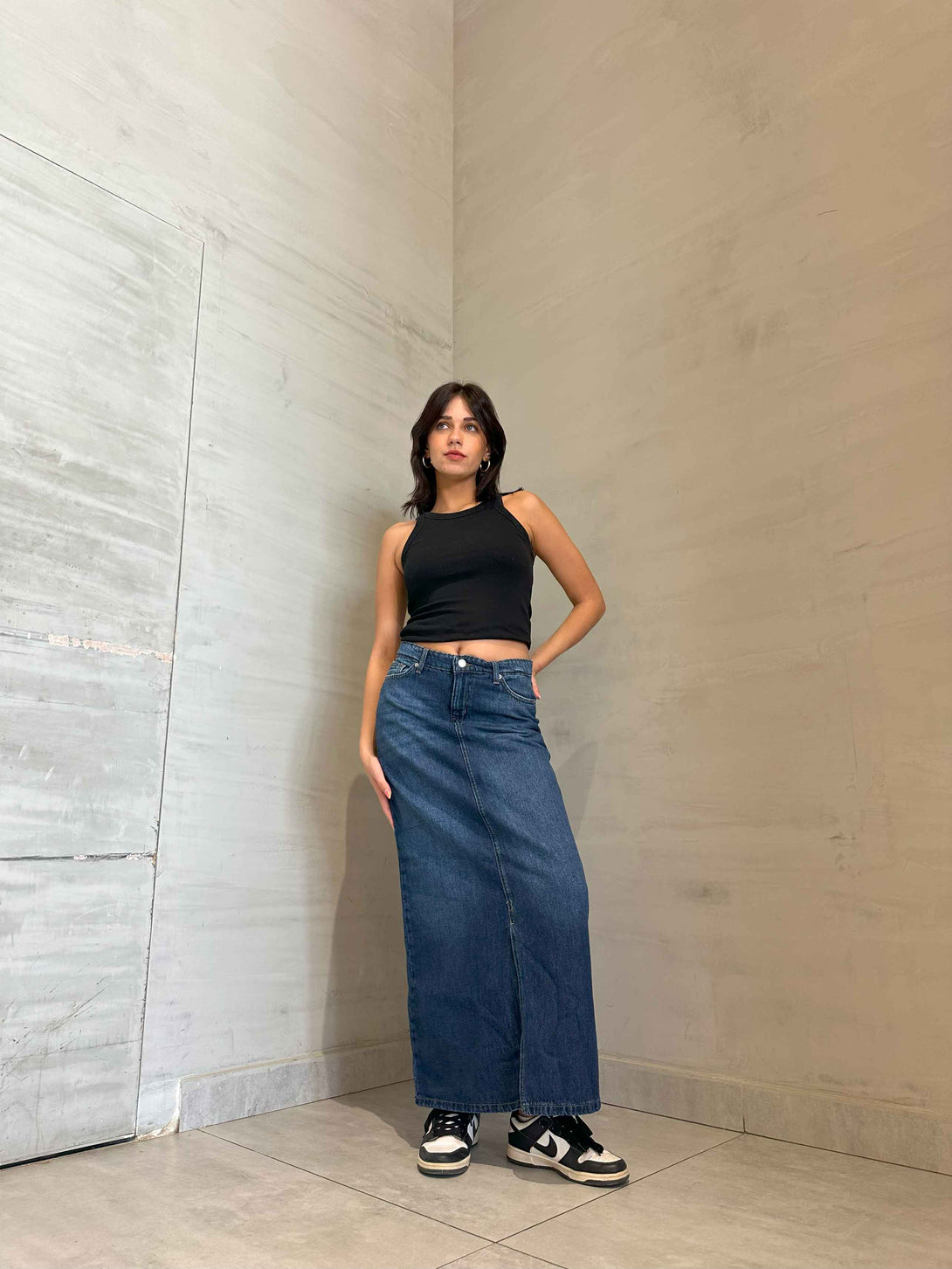 Maxi Skirt - Dark Blue Split Hem. Skirts CIZARO    - Cizaro Jeans