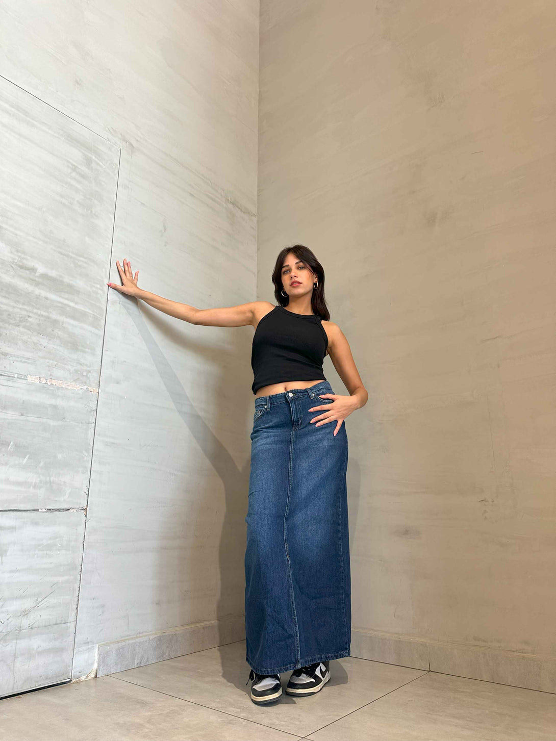 Maxi Skirt - Dark Blue Split Hem. Skirts CIZARO    - Cizaro Jeans